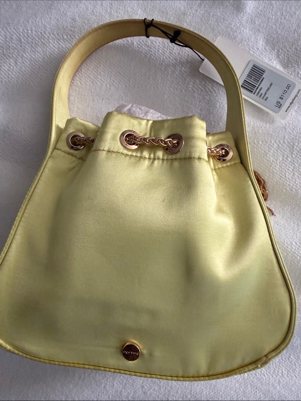 Olga Berg MIKI Drawstring Satin Bag in Chartreuse $115